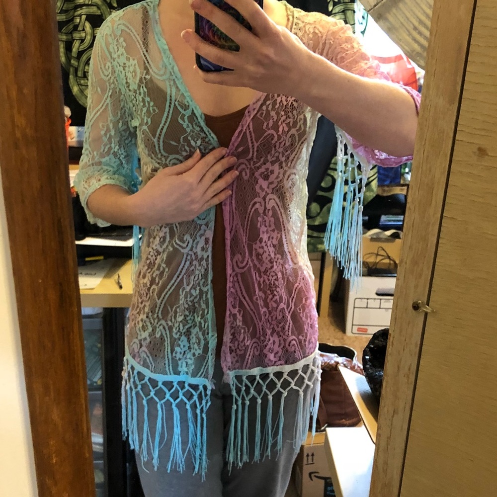 Rainbow kimono tie dye psychedelic rave fringe Edc - Picture 2 of 8